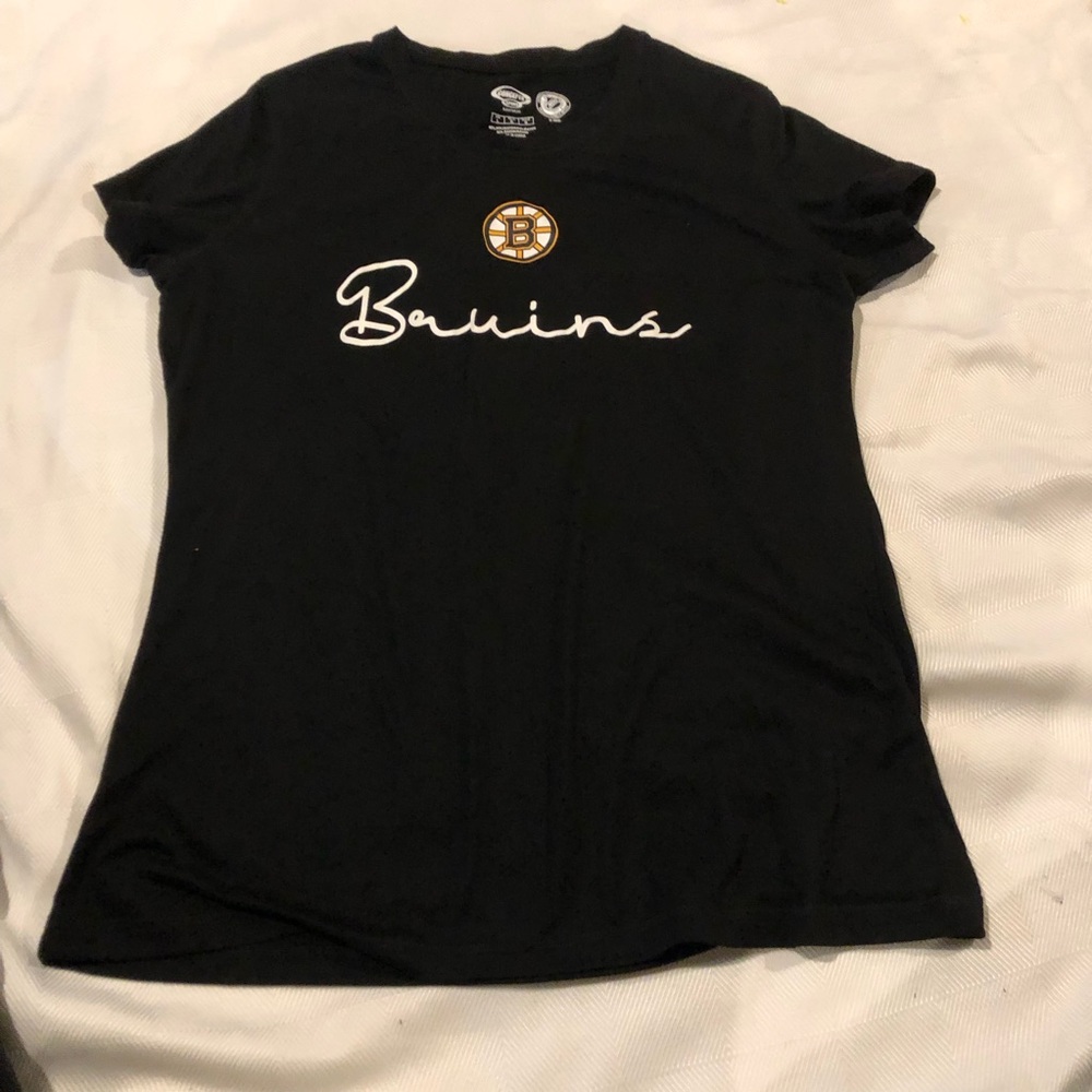 NHL Black Tee with White 'Bruins' Script and Gold Logo